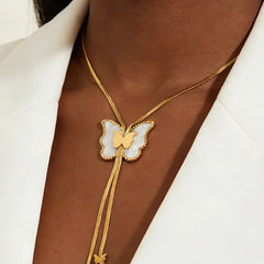 Butterfly Necklace for Adults. Waterproof Non Tarnish. 18K Real Gold Plated 304 Stainless Steel with Zircon Inlay and Woven Chain
