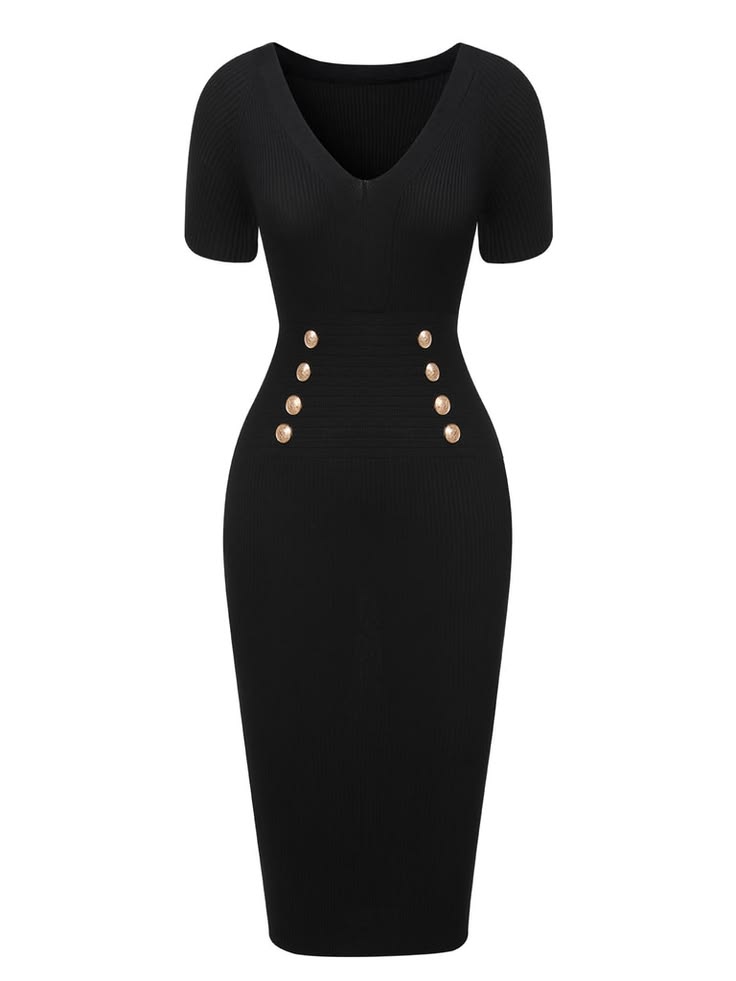 Black 1960s Solid V-Neck Buttons Dress