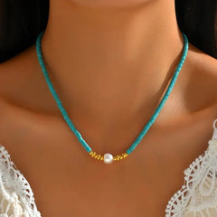 Turquoise Beaded Necklace with Pearl Pendant