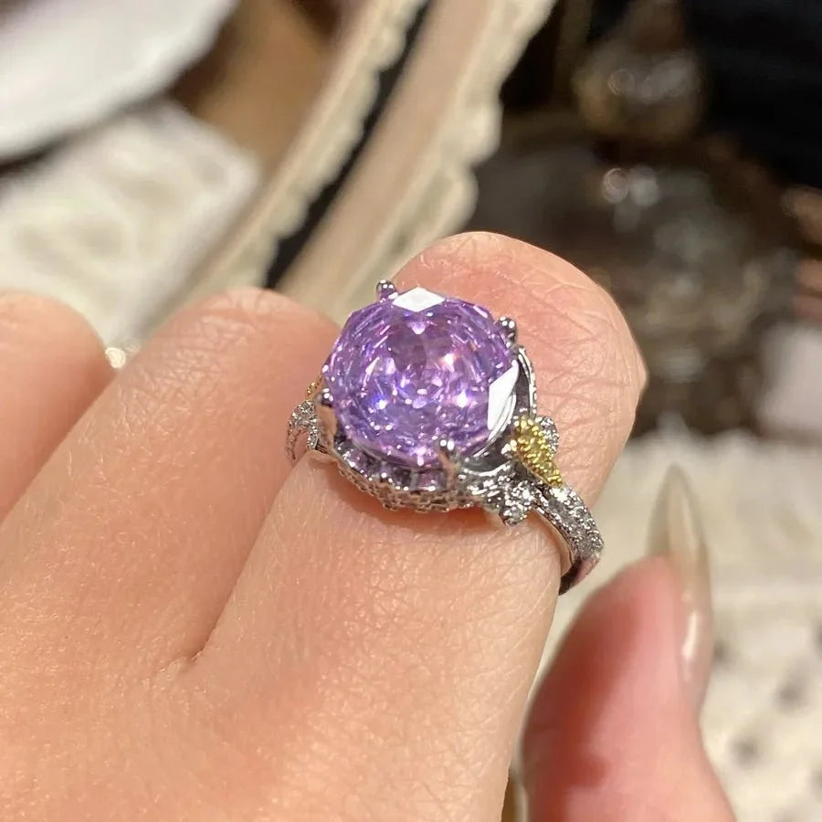 Elegant Octagonal Millennium Rose Cut Purple Sapphire Ring For Women With High Carbon Diamond Butterfly Inlay Tanzanite Band