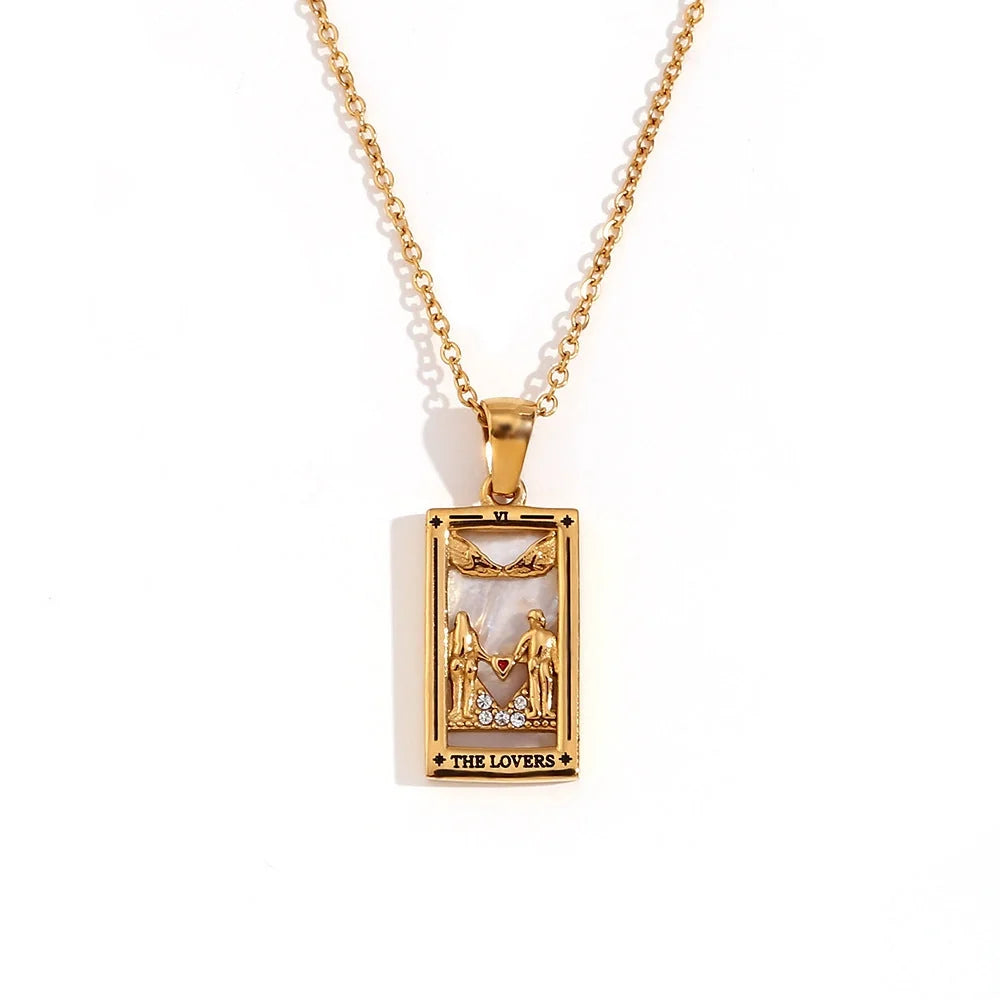 Tarot Card Necklace with Inlaid Design and Crystals