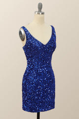 V Neck Royal Blue Sequin Bodycon Mini Dress