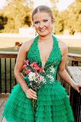 Halter Green Ruffle Short Dress with Appliques