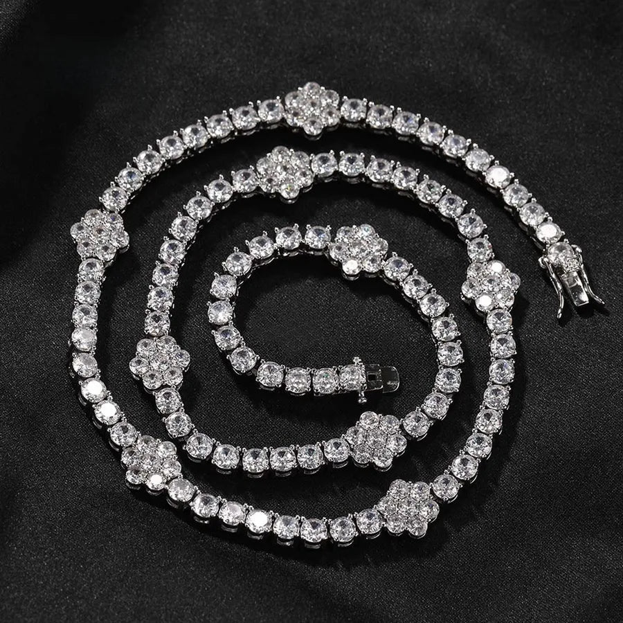 High Quality 5A Zircon Flower Tennis Chain Hip Hop Necklace Cool Trendy Unisex Lightweight Clavicle Jewelry Accessory