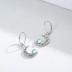 Celestial Silver Moonstone Crescent Earrings