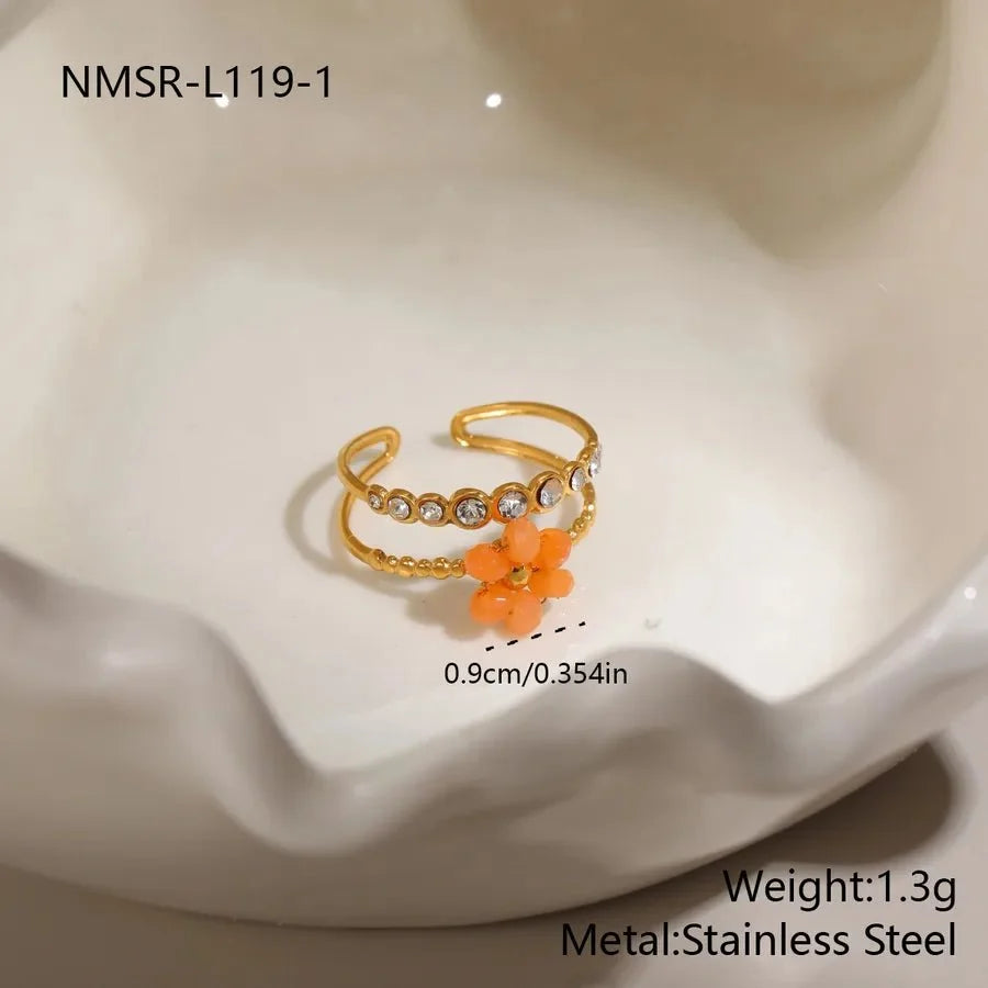 INS French Style Fresh Beaded Flower Stainless Steel Ring 18K Gold Plated Design Sense Hand Jewelry Wholesale