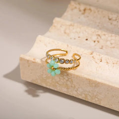 INS French Style Fresh Beaded Flower Stainless Steel Ring 18K Gold Plated Design Sense Hand Jewelry Wholesale