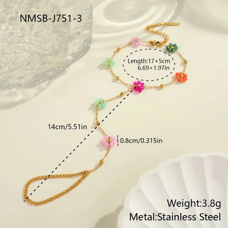 INS Style Elegant Design Beaded Flower Finger Ring Stainless Steel Bracelet Real Gold Plated Jewelry Wholesale