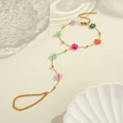 INS Style Elegant Design Beaded Flower Finger Ring Stainless Steel Bracelet Real Gold Plated Jewelry Wholesale