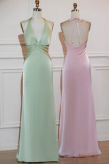 Blushing Pink Sheath Halter Satin Long Bridesmaid Dress