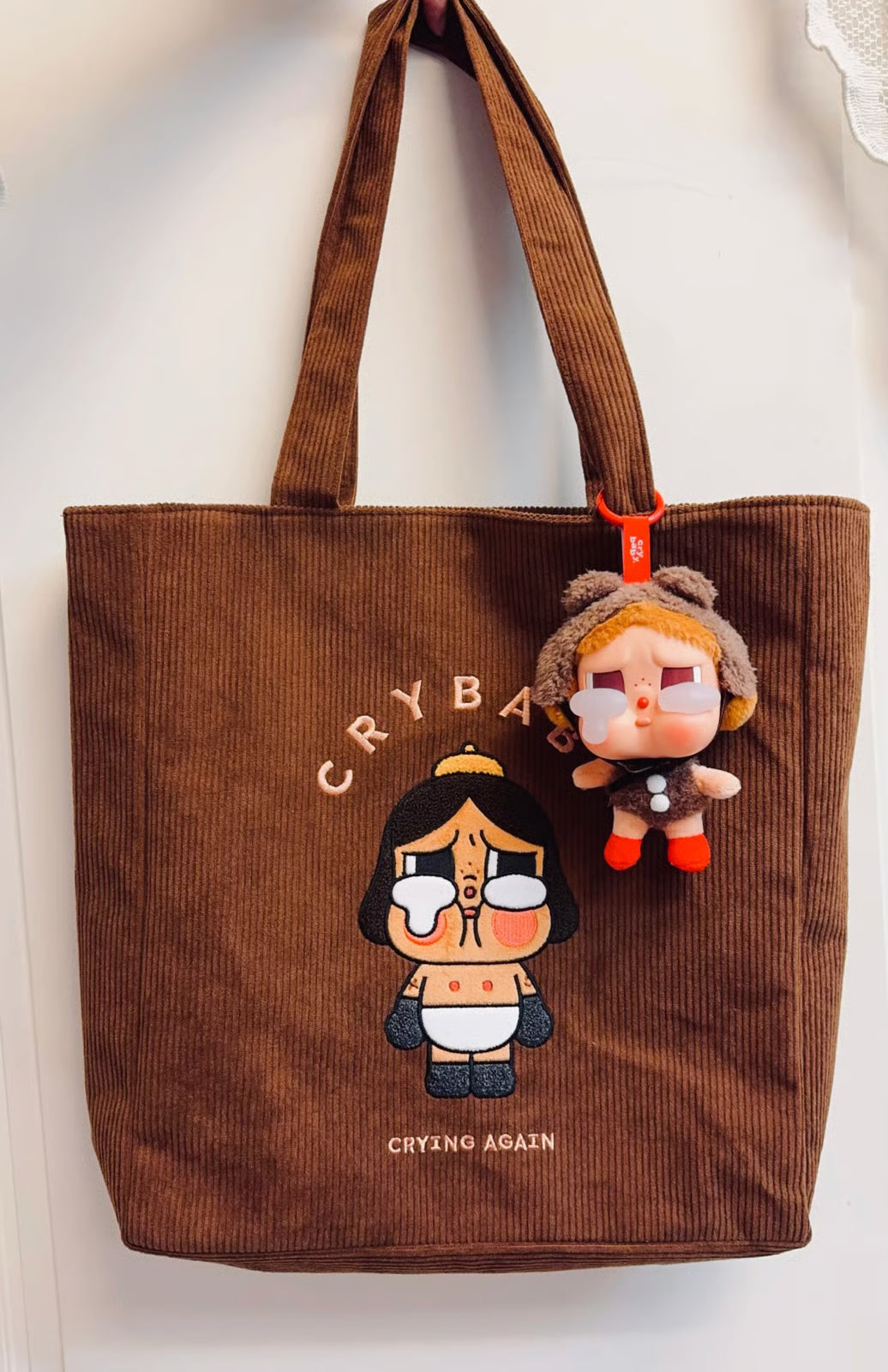 CRYBABY Crying Again Corduroy Brown Tote Bag Authentic Pop Mart