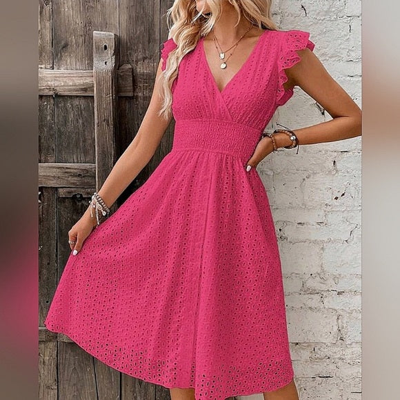 Boho Embroidered Eyelet Lace Ruffle Dress Pink