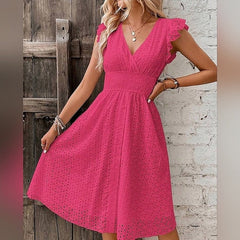 Boho Embroidered Eyelet Lace Ruffle Dress Pink