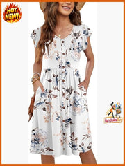Casual Loose Swing Sundress Cap Sleeve Button Down Midi Dress Beach Vacation