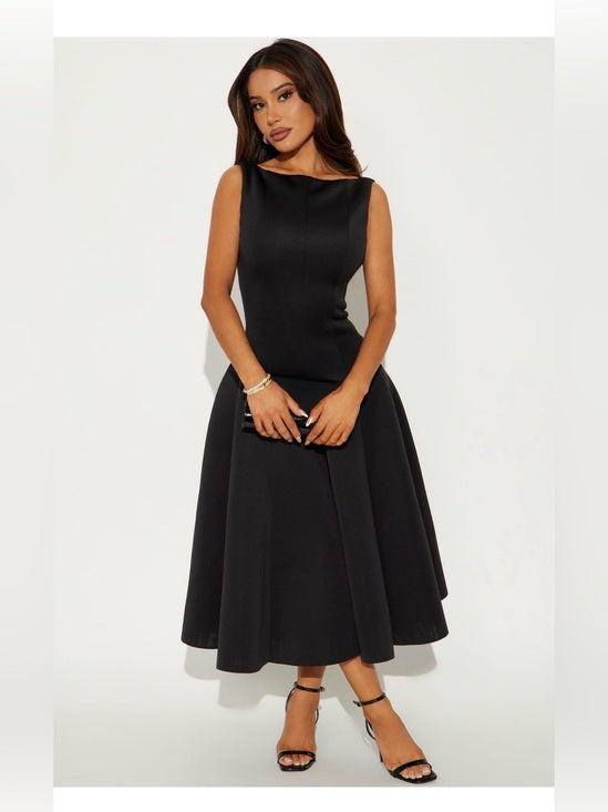Classic Black Fit-and-Flare Midi Dress