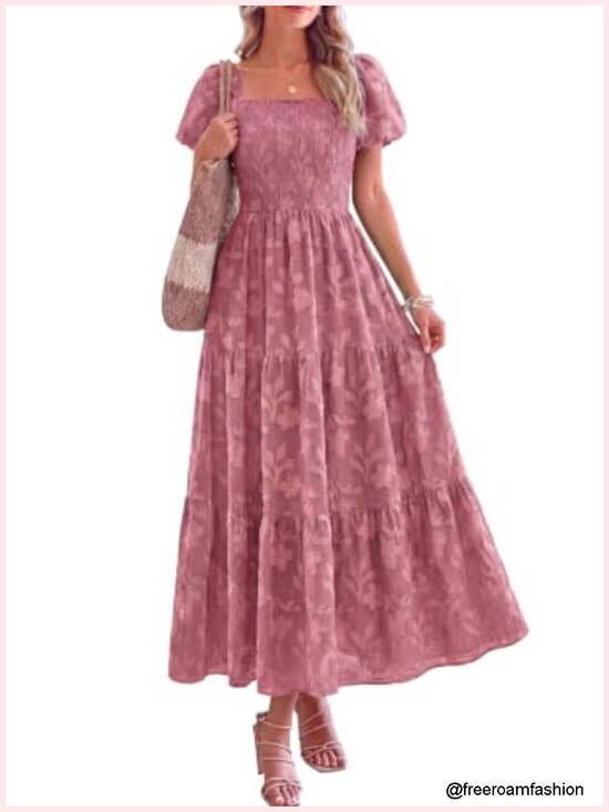 Boho Square Neck Smocked Maxi Dress with Pockets