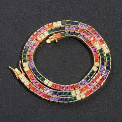 Men's Hip Hop Necklace 4*4mm Colorful Square Zircon Tennis Chain Copper Inlaid Fashionable Jewelry Accessory