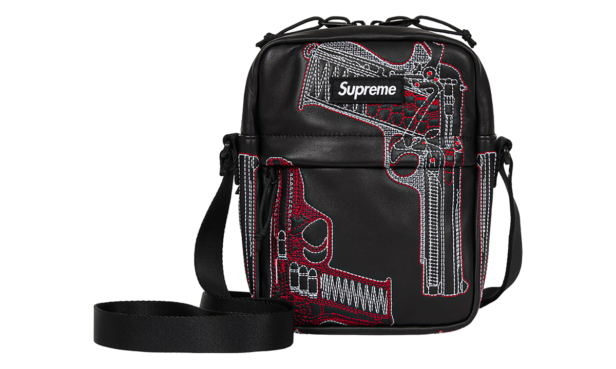 Guns Embroidered Leather Shoulder Bag SS26 - Black SU28035