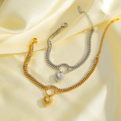 Handmade Heart Shape Bracelet for Women in 304 Stainless Steel with 18K Real Gold Plated PVD Coating and Rhinestone Inlay