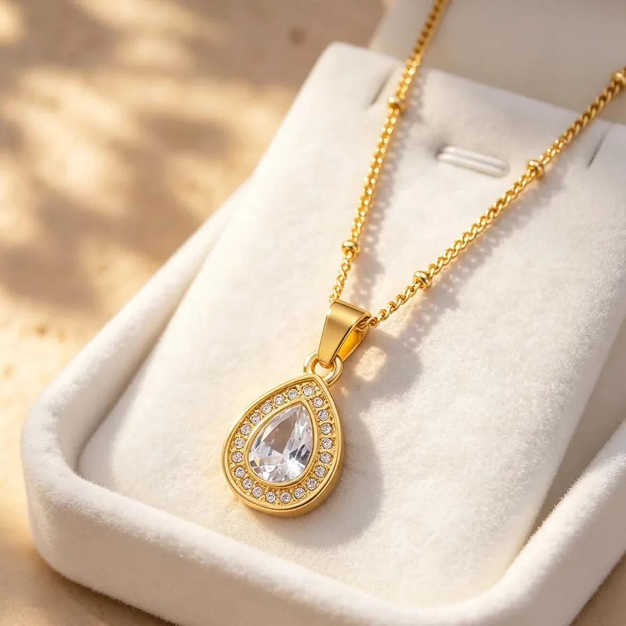 Water Droplets Hypoallergenic Necklace for Women in 316 Stainless Steel with 18K Real Gold PVD Coated and Zircon Inlay. Figaro Chain