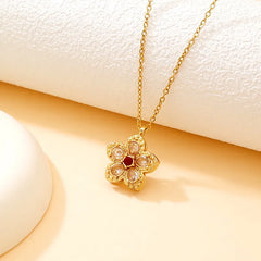 Four Leaf Clover Necklace For Couples in Titanium Steel with Rhinestones and Rotatable Design. Featuring PVD Coated Cable Chain
