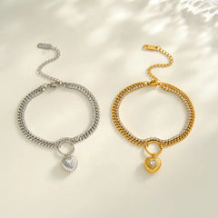 Handmade Heart Shape Bracelet for Women in 304 Stainless Steel with 18K Real Gold Plated PVD Coating and Rhinestone Inlay