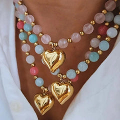 Cute Heart Shape Beaded Glass Necklace for Women with Rainbow Glass Inlay and Beaded Chain
