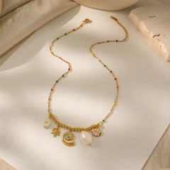 Ocean Multi Charms Necklace for Women with Waterproof Non Tarnish Craft. 18K Real Gold Plated PVD Coated 304 Stainless Steel Chain