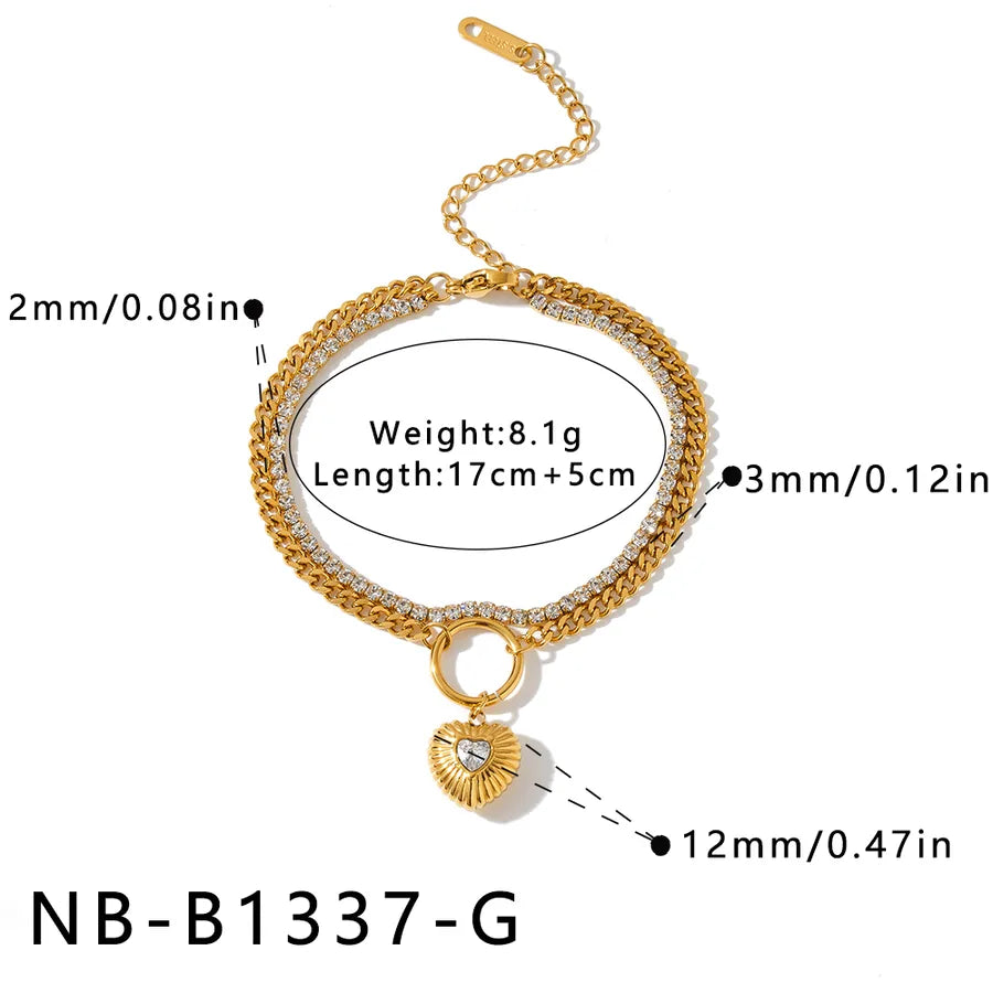 Handmade Heart Shape Bracelet for Women in 304 Stainless Steel with 18K Real Gold Plated PVD Coating and Rhinestone Inlay