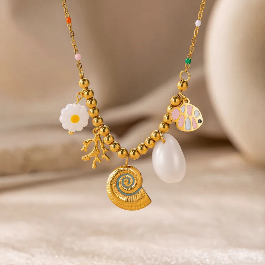 Ocean Multi Charms Necklace for Women with Waterproof Non Tarnish Craft. 18K Real Gold Plated PVD Coated 304 Stainless Steel Chain