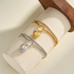Handmade Heart Shape Bracelet for Women in 304 Stainless Steel with 18K Real Gold Plated PVD Coating and Rhinestone Inlay