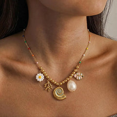 Ocean Multi Charms Necklace for Women with Waterproof Non Tarnish Craft. 18K Real Gold Plated PVD Coated 304 Stainless Steel Chain
