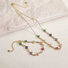 Flowers Jewelry Set for Women with Inlay Zircon. 18K Real Gold Plated Copper. Water Plating and Handmade Chain
