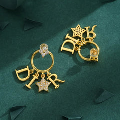 Electroplated Letter Earrings for Women in Copper with 18K Real Gold Water Plating and Zircon Inlay