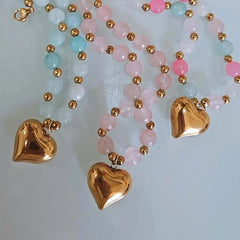 Cute Heart Shape Beaded Glass Necklace for Women with Rainbow Glass Inlay and Beaded Chain