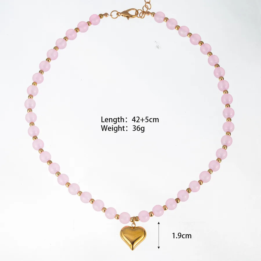 Cute Heart Shape Beaded Glass Necklace for Women with Rainbow Glass Inlay and Beaded Chain