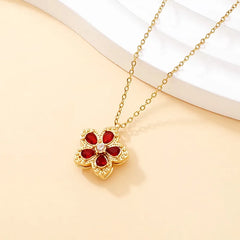 Four Leaf Clover Necklace For Couples in Titanium Steel with Rhinestones and Rotatable Design. Featuring PVD Coated Cable Chain