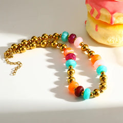 Geometric Electroplated Necklace for Women in 201 Stainless Steel with 18K Real Gold Plated PVD Coated Beaded Chain