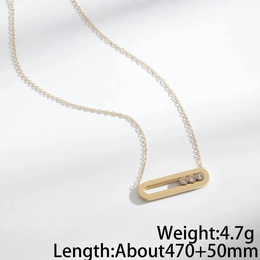 Polished Oval Necklace for Women in 304 Stainless Steel with Real Gold PVD Coated Plating and Zircon Inlay on Cable Chain
