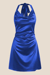 Navy Blue Cowl Neck Halter Soft Satin Mini Dress