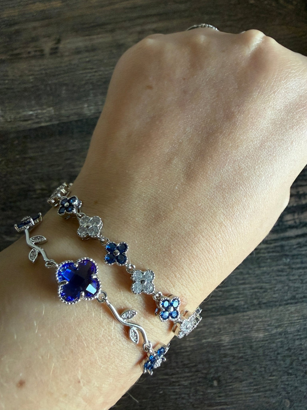 Sapphire Blue Clover Silver Bracelet Set VCA Vine Inspired Tennis 6.5 Inches Clasp Closure