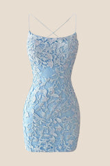 Light Blue Lace Straps Tight Mini Dress
