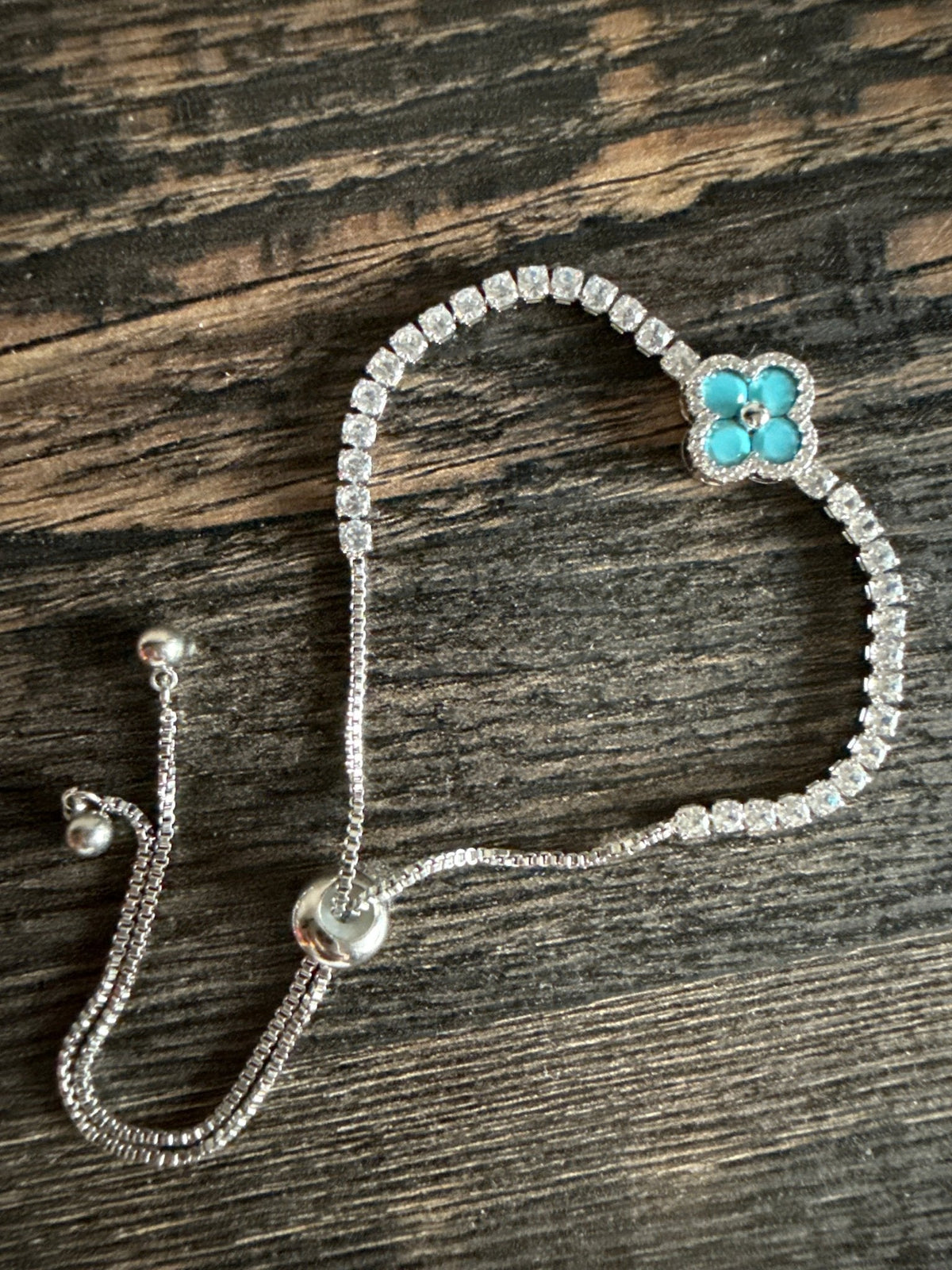 Turquoise Clover Silver Bracelet Tennis Solitaire Pull-Up Closure Adjustable Size