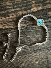 Turquoise Clover Silver Bracelet Tennis Solitaire Pull-Up Closure Adjustable Size