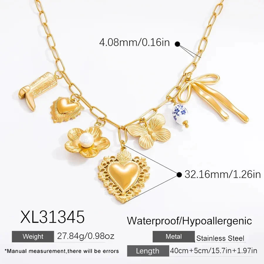 Wholesale Jewelry Elegant Classic Style Heart Shape Flower 304 Stainless Steel Plating Multi Charms Necklace
