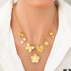 Wholesale Jewelry Elegant Classic Style Heart Shape Flower 304 Stainless Steel Plating Multi Charms Necklace