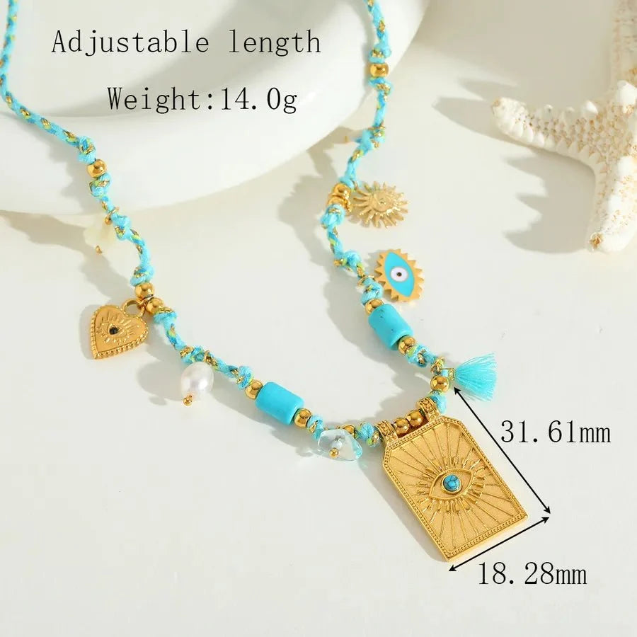 Wholesale Jewelry Elegant Cute Romantic Geometric Eye 304 Stainless Steel Acrylic Imitation Pearl Zircon 14K Gold Plated Plating Inlay Cord String Multi Charms Necklace