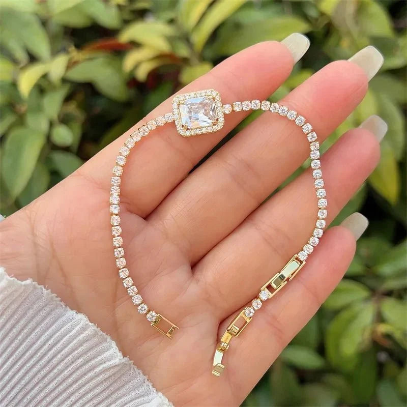 Tennis Chain Bracelet Square Zircon 18K Gold Plated Inlay