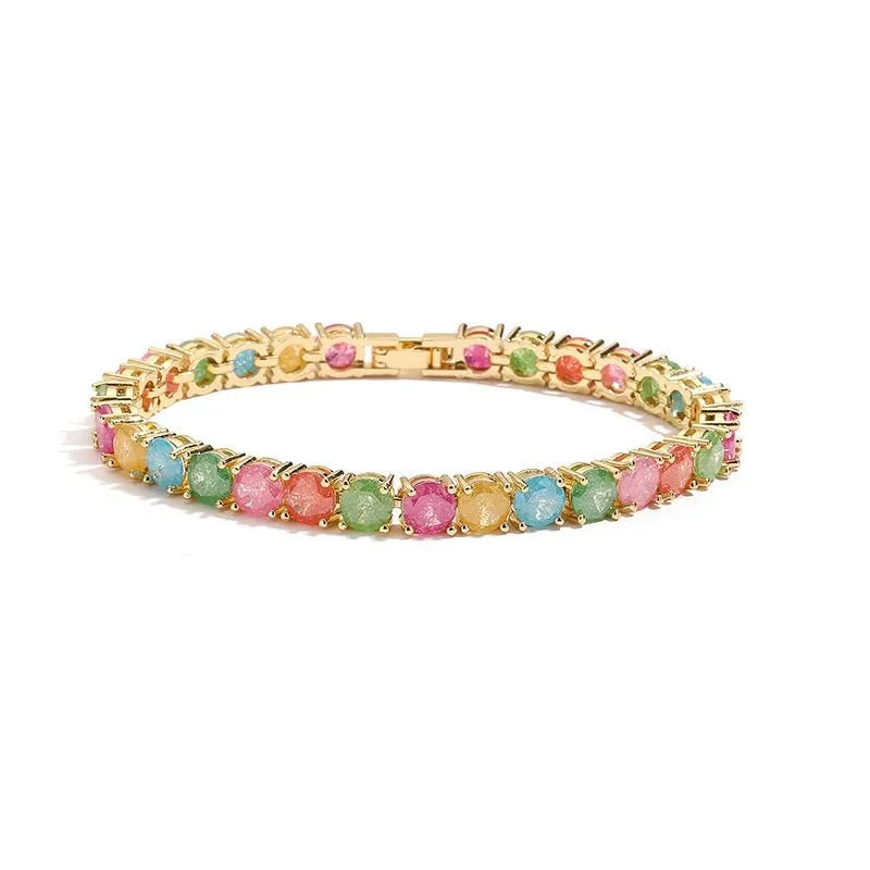 Multicolor Round Tennis Chain Bracelet Zircon 18K Gold Plated Plating Inlay