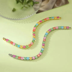 Multicolor Round Tennis Chain Bracelet Zircon 18K Gold Plated Plating Inlay
